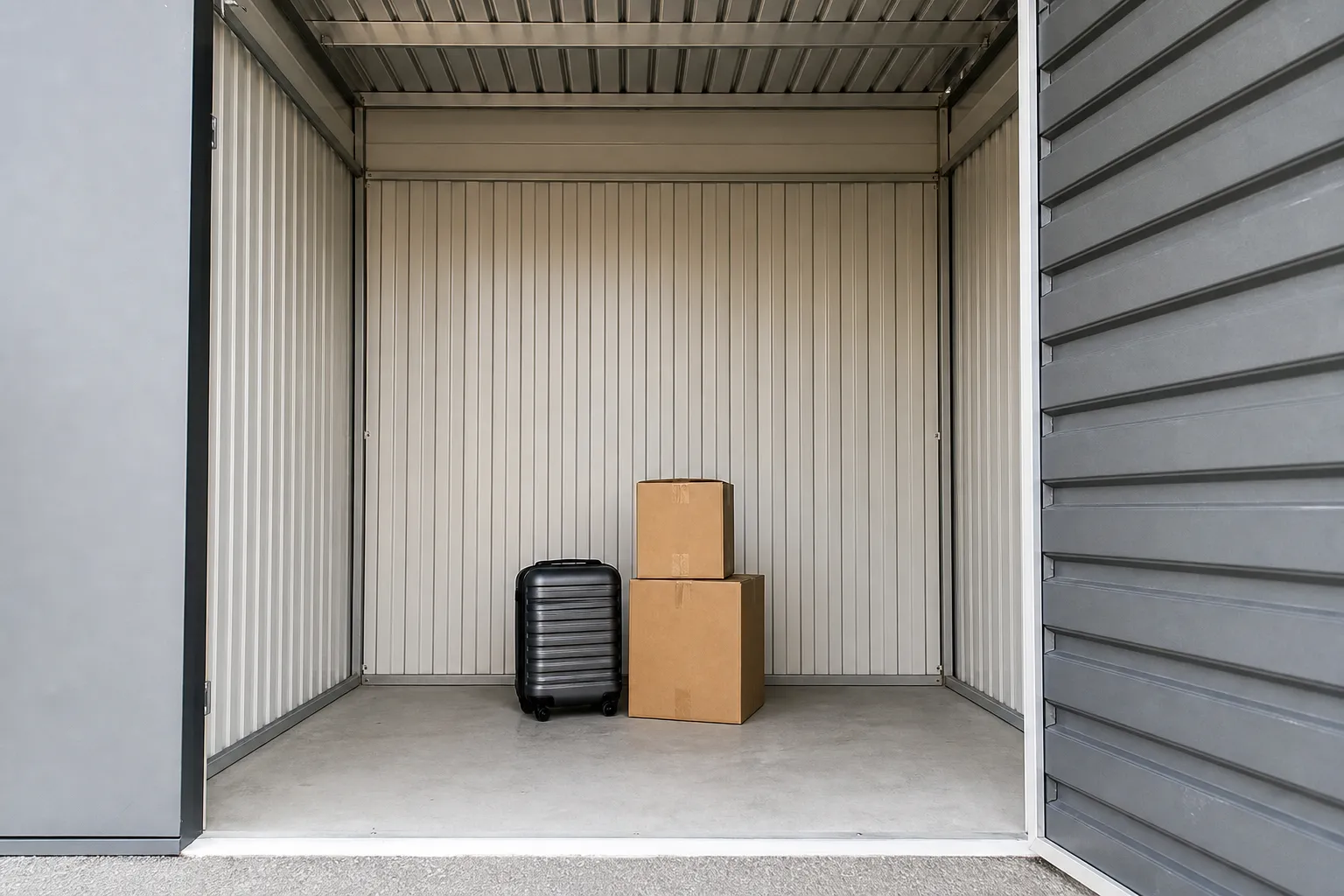 Une valise et deux cartons posés au centre d’un petit box de stockage vide