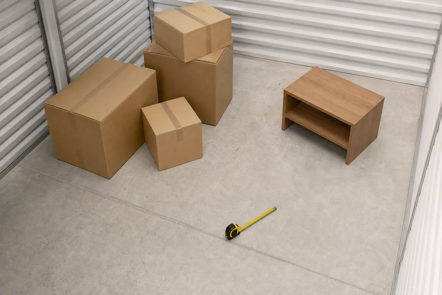Mètre-ruban déroulé et cartons de tailles différentes au sol d’un box vide