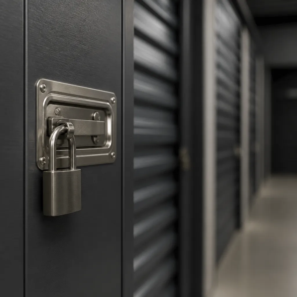 Gros plan sur la porte d’un box individuel, poignée et cadenas de sécurité