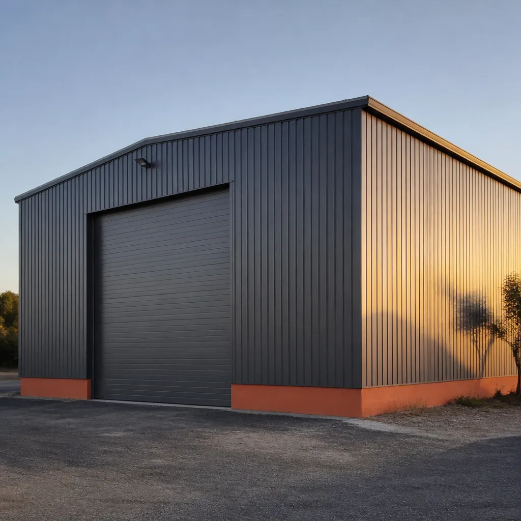 Façade en trois-quarts d’un bâtiment de stockage discret, bardage métallique gris ardoise