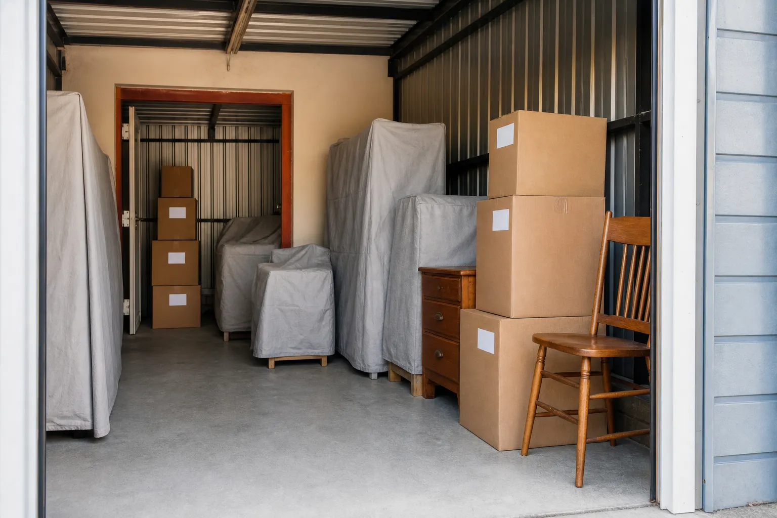 Intérieur d’un box de stockage rangé, meubles sous housse et cartons étiquetés, allée libre au centre