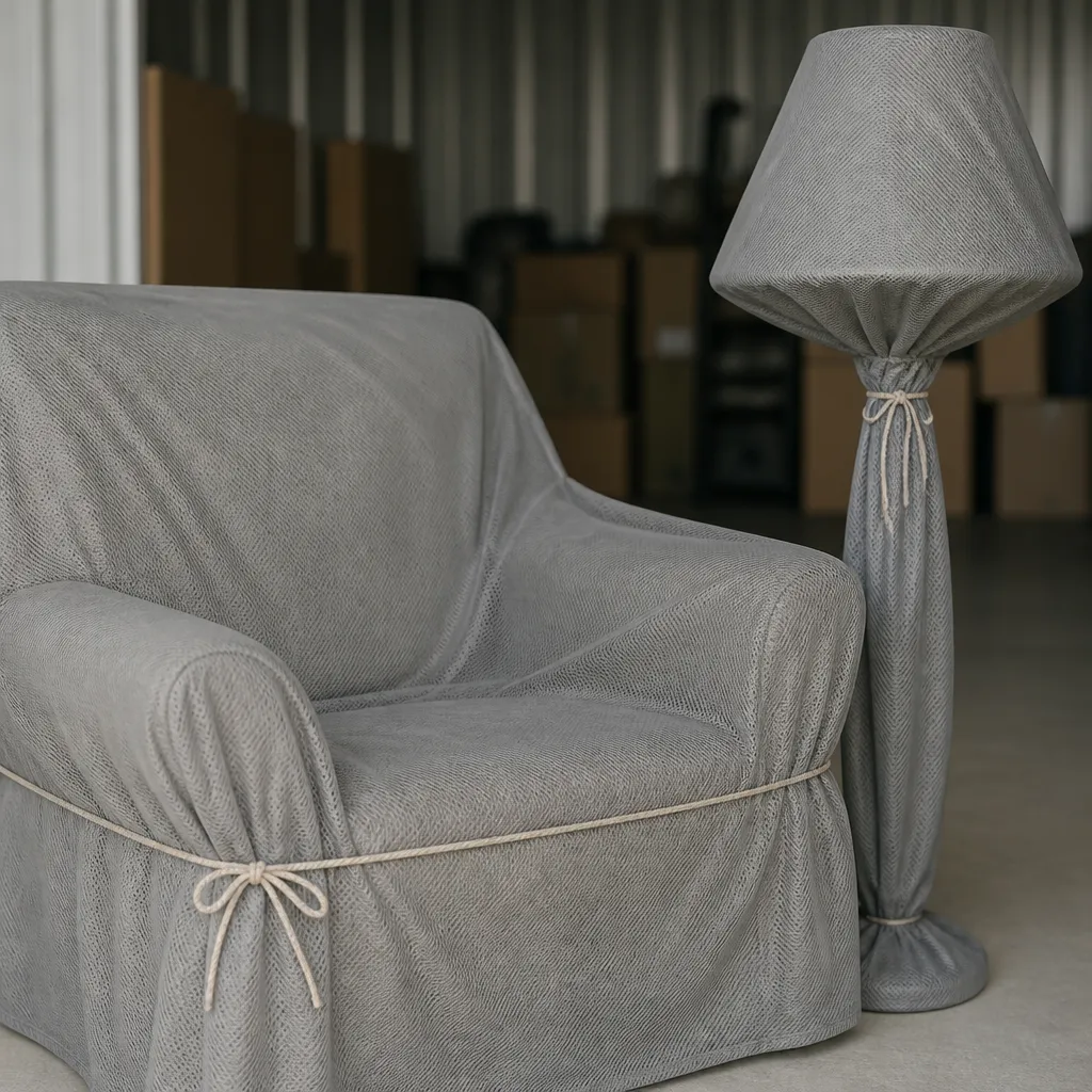 Gros plan sur un fauteuil et une lampe protégés par une housse respirante