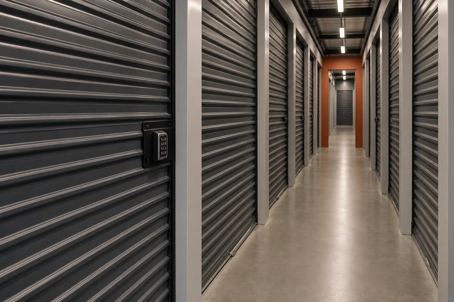 Couloir intérieur d’un bâtiment de stockage, portes de box métalliques fermées par un verrou à code