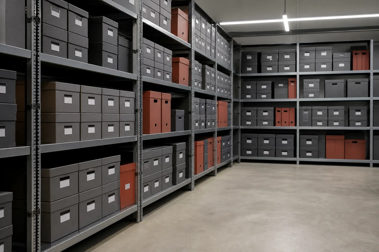 Étagères métalliques garnies de boîtes d’archives numérotées, stockage professionnel